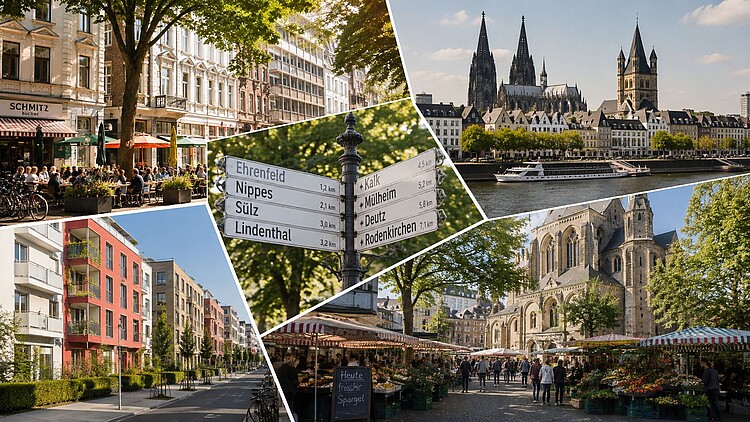 Collage aus verschiedenen Kölner Veedeln mit Straßenszenen, Markt, Rhein und Kölner Dom
