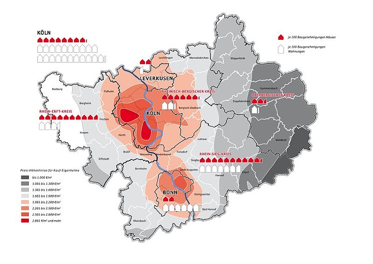 Die „Wetterkarte“ spiegelt das Immobilenklime im Raum Köln mit seinen „Preishochs“ und „Preistiefs“ wieder