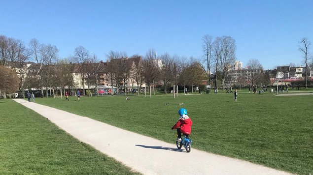 Blick auf eine große Grünfläche mit Weg. Ein Kind fährt Fahrrad.