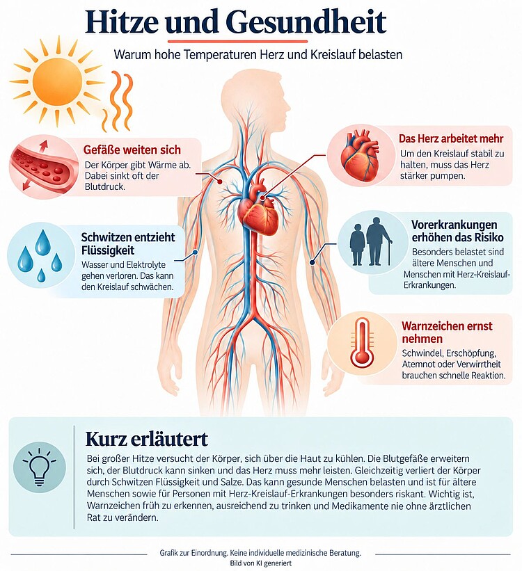 Infografik zu den Folgen großer Hitze auf Herz und Kreislauf: Die Gefäße weiten sich, der Blutdruck sinkt und durch Schwitzen verliert der Körper Flüssigkeit